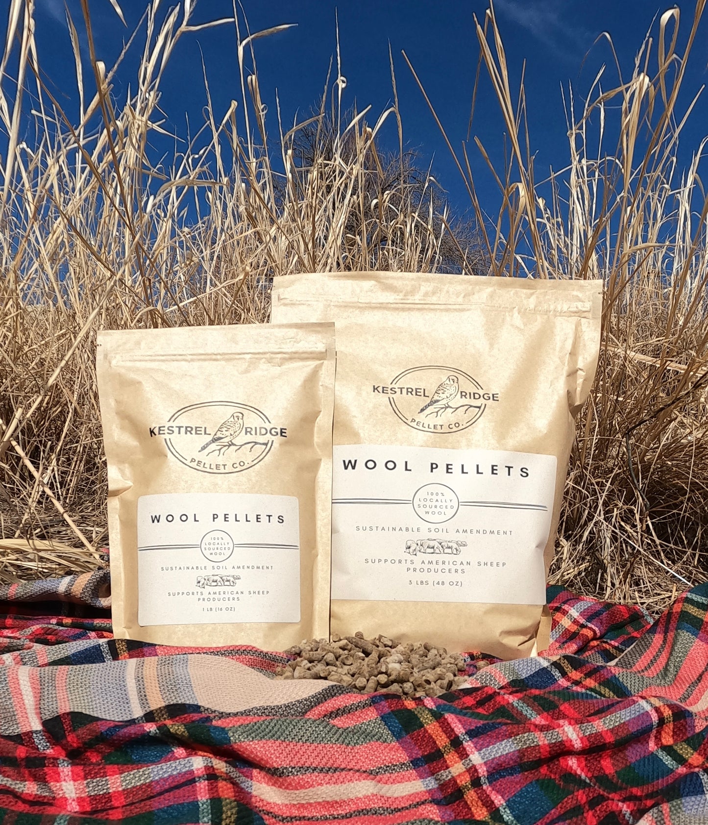1-pound and 3-pound wool pellet bags with grass in the background
